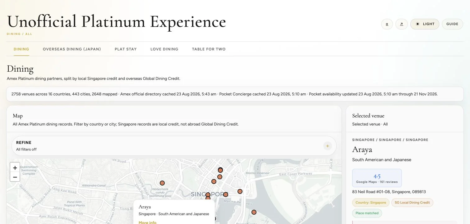 Amex Explorer map showing current Singapore dining venues and selected venue details for Araya.