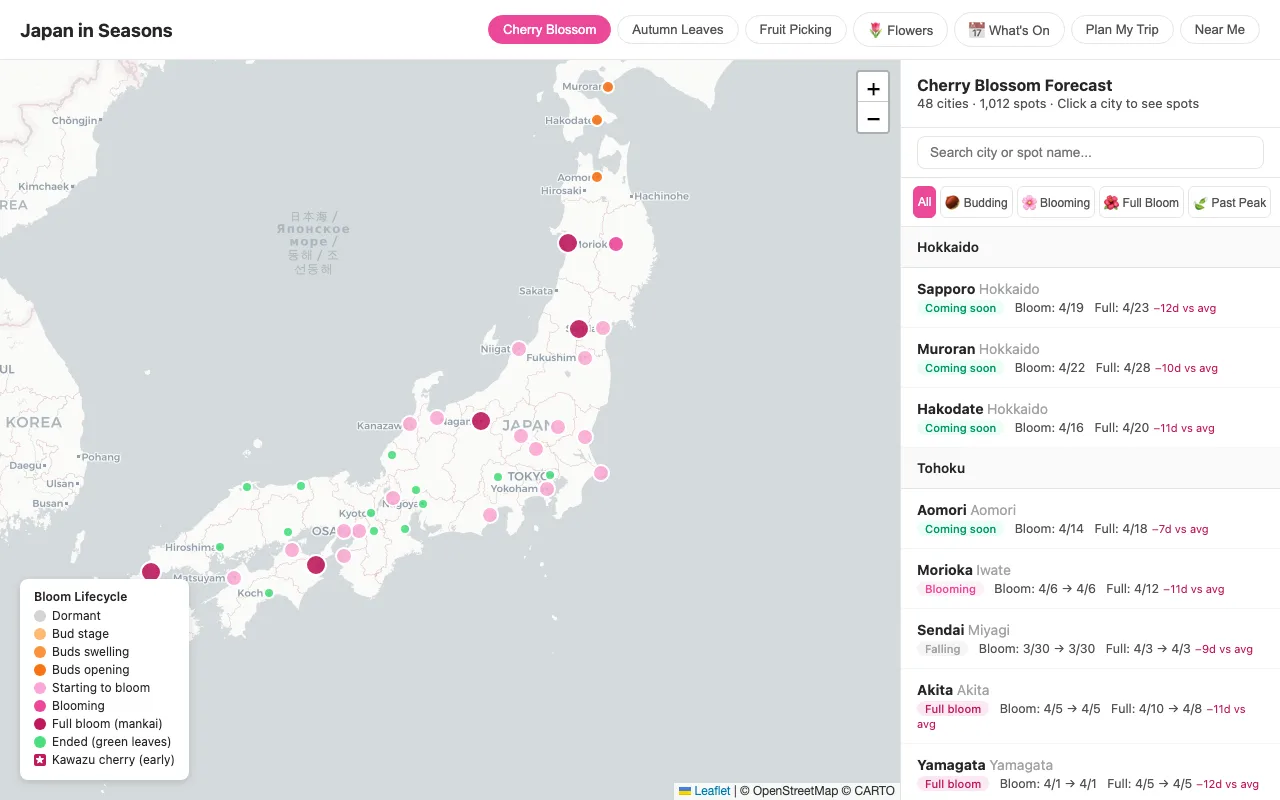Japan in Seasons cherry blossom forecast map with bloom stages across Japan and a searchable city panel.