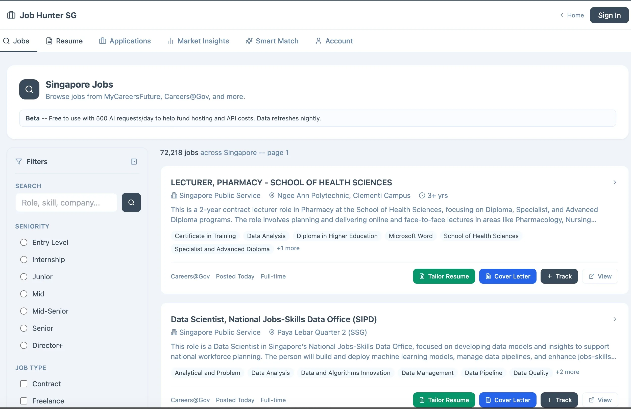 Job Hunter SG job search interface showing Singapore listings, filters, skills, and resume-tailoring actions.