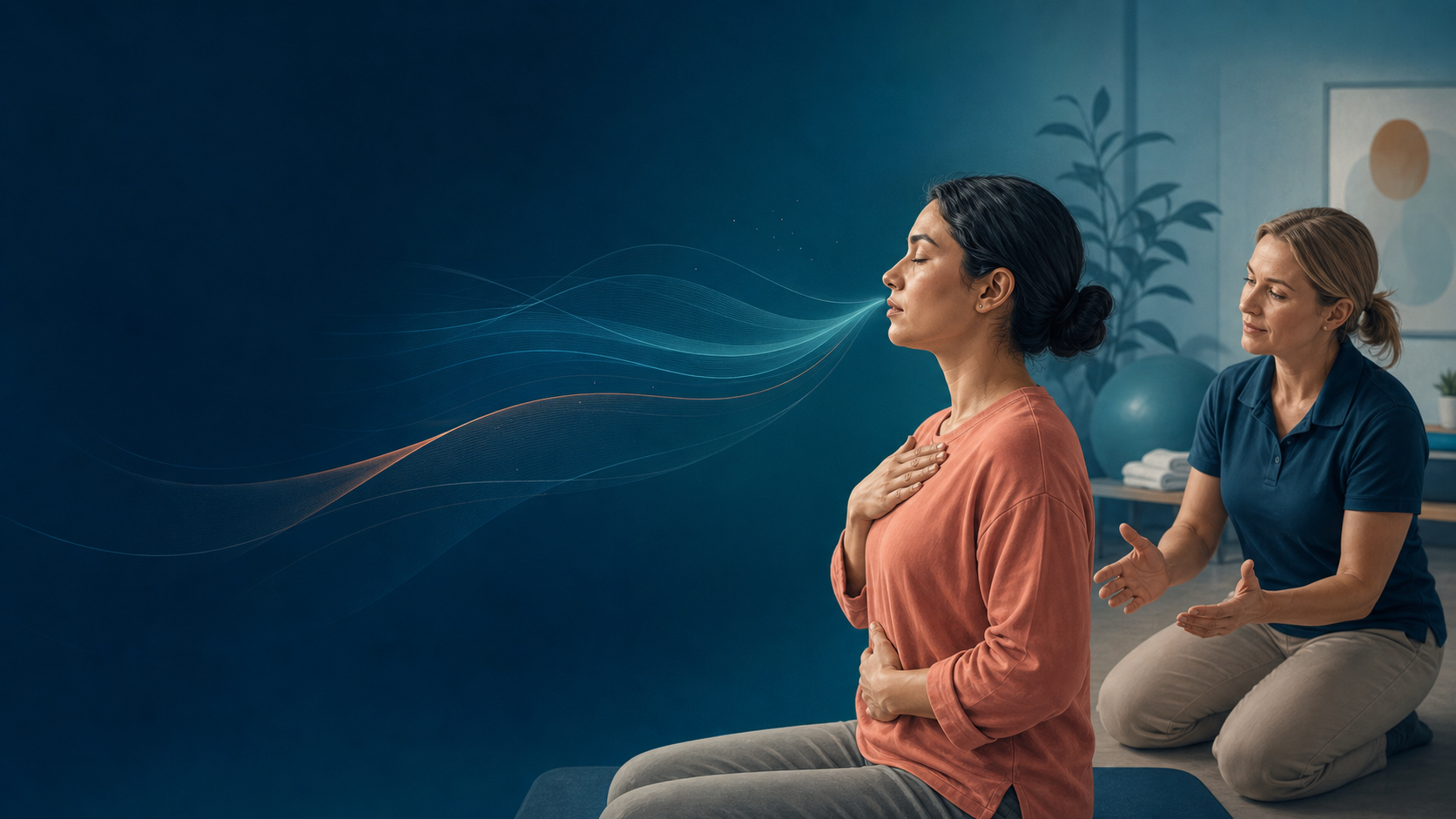 A patient practising controlled breathing with guidance from a physiotherapist